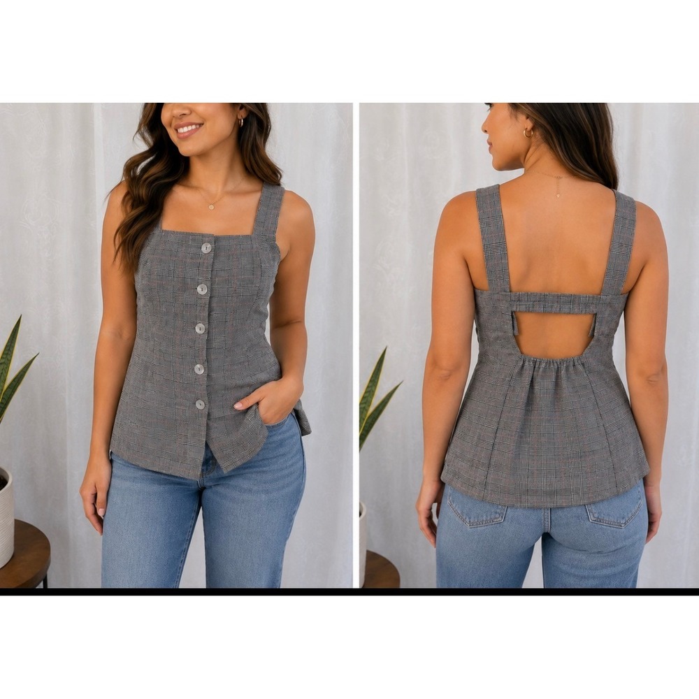 Emerson Lang Grey Plaid Button Front Cutout Back Cotton Linen Top Medium